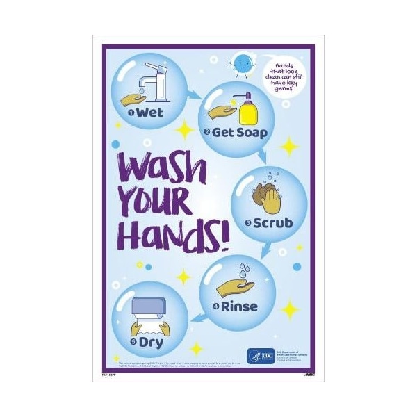 Nmc Poster, WASH YOUR HANDS STEPBYSTEP, Paper, 5pk, 18 H x 12 W in PST152PP - main